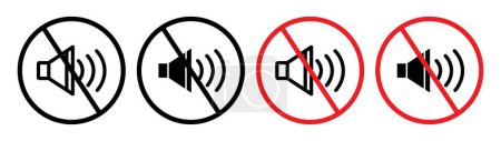 No sound sign icon set. Restriction on noise production vector symbol in a black filled and outlined style. Sound control and quiet zone enforcement sign.
