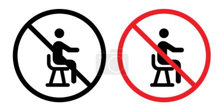 Ningún icono de signo sentado establecido. Prohibición de sentarse en lugares específicos sin sentarse y vectores prohibidos en un estilo negro lleno y esbozado. Firma de directrices para áreas de asientos restringidos.