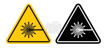 Conjunto de iconos de advertencia láser. Aviso para áreas con radiación láser y símbolos vectoriales de peligros ópticos en un estilo negro lleno y delineado. Señal de seguridad láser y protección ocular.