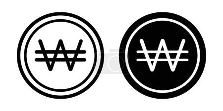 Korean Won Icon Set. Korea Money coin vector symbol in a black filled and outlined style. South krw Currency coin sign.