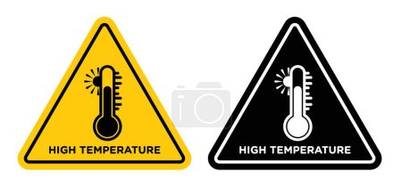 Ilustración de Conjunto de iconos de señal de advertencia de alta temperatura. Precaución para las áreas expuestas a altas temperaturas símbolo vectorial en un negro lleno y delineado estilo. Peligro de calor y señal de prevención de quemaduras. - Imagen libre de derechos