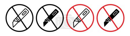Do not cut sign icon set. Forbidden use of utility box cutter and knife vector symbol in a black filled and outlined style. Ban danger blade and package cutter sign.