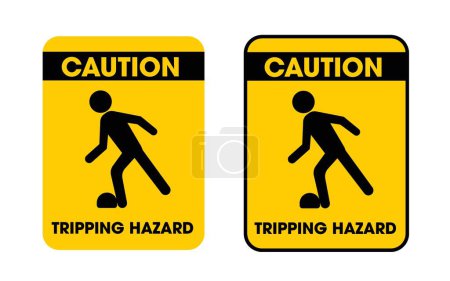 Illustration for Tripping hazard warning sign icon set. Danger Alert for potential tripping obstacles vector symbol in a black filled and outlined style. Slippery Fall risk reduction and safety advisory sign. - Royalty Free Image