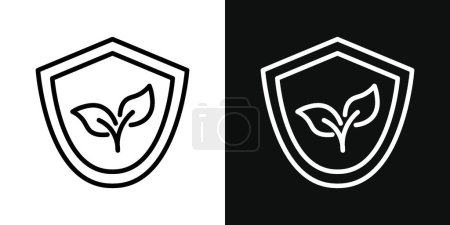 Escudo con Leafs Icon Set. Planta proteger y el símbolo de vector de seguro en un negro lleno y delineado estilo. Señal de guardia de la naturaleza.