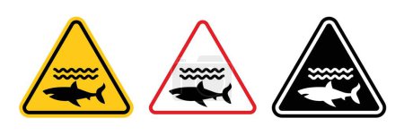 Hai-Warnzeichen gesetzt. Vorsicht bei Meeresräubern mit Hai-Angriff und Wasservektorsymbol in schwarz ausgefüllter und umrissener Form. Sicherheitsrichtlinien für Strand- und Badebereiche.