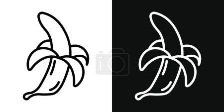 Peeled Banana Icon Set. Monkey Peeling Banana cartoon vector symbol in a black filled and outlined style.