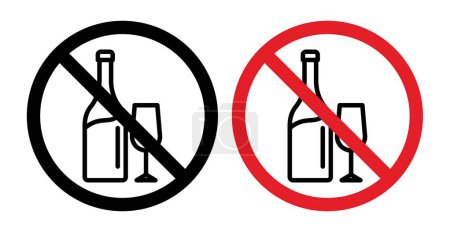 Illustration for No alcohol sign icon set. Prohibition of alcoholic beverages with no alcohol and drink vector symbol in a black filled and outlined style. Guidelines for alcohol-free zones sign. - Royalty Free Image