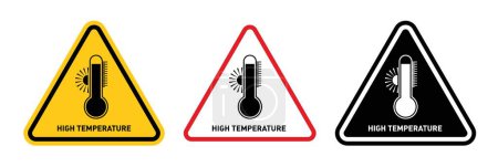 High temperature warning sign icon set. Caution for areas exposed to high temperatures vector symbol in a black filled and outlined style. Heat hazard and burn prevention sign.