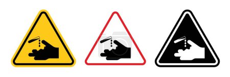 Illustration for Corrosive acid safety sign icon set. Warning against corrosive acids and chemical dangers vector symbol in a black filled and outlined style. Acid burn prevention and safety sign. - Royalty Free Image