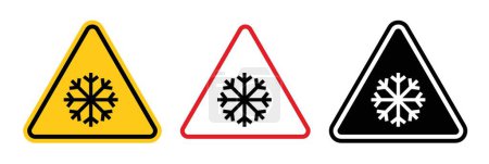 Conjunto de iconos de advertencia fría. Aviso para las condiciones de baja temperatura con congelación en frío y el símbolo de vectores de tráfico en un estilo negro lleno y esbozado. Señal de peligro de hielo y deslizamiento.