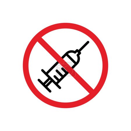 Ningún conjunto de iconos de signo de jeringa. Símbolo vectorial de inyección y vacuna en un estilo negro lleno y esbozado. Signo de prohibición de agujas medicinales.