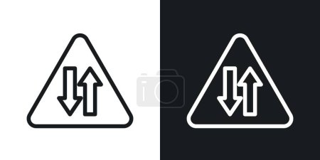 Two way traffic sign icon set. Indication of bidirectional vehicle flow vector symbol in a black filled and outlined style. Traffic management and direction awareness sign.