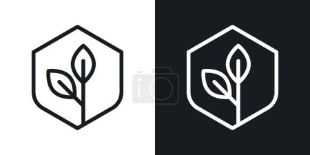 Bouclier avec Leafs Icône Set. Symbole vectoriel de protection et d'assurance des plantes dans un style noir rempli et souligné. Signe de protection de la nature.