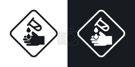 Ätzende Säure Sicherheitszeichen gesetzt. Warnung vor ätzenden Säuren und chemischen Gefahren Vektorsymbol in einem schwarz gefüllten und umrissenen Stil. Säureverbrennungsvorbeugung und Sicherheitszeichen.