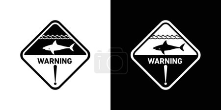 Hai-Warnzeichen gesetzt. Vorsicht bei Meeresräubern mit Hai-Angriff und Wasservektorsymbol in schwarz ausgefüllter und umrissener Form. Sicherheitsrichtlinien für Strand- und Badebereiche.