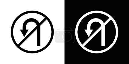 No u turn road sign icon set. Prohibition of Uturns on the road vector symbol in a black filled and outlined style. Dangerous U-turn restriction and road safety sign.