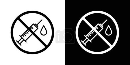 Kein Spritzen-Zeichen-Set. Injektions- und Impfvektorsymbol in einem schwarz gefüllten und umrissenen Stil. Verbotsschild für medizinische Nadeln.