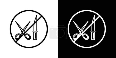 Sin tijeras ni cuchillos Conjunto de iconos de signos. Cuchillos afilados y tijeras objetos vectoriales prohibidos símbolo en un negro lleno y delineado estilo. Corte la señal de precaución.