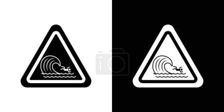 Illustration for High sea waves warning sign icon set. Alert for potential tsunami and water hazards with wave beach vector symbol in a black filled and outlined style. Safety measures for surf and tide conditions sign. - Royalty Free Image