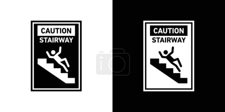 Caution stairway sign icon set. Notice for stair safety with stairs step and caution vector symbol in a black filled and outlined style. Advisory for use of railing and slip risks sign.