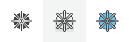 Ship Wheel Icon Set vorhanden. Captain Boat Steering Steuervektorsymbol in einem schwarz gefüllten und umrissenen Stil. Altes Marineschiff-Gummiradschild.