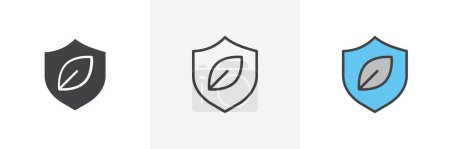 Escudo con Leafs Icon Set. Planta proteger y el símbolo de vector de seguro en un negro lleno y delineado estilo. Señal de guardia de la naturaleza.