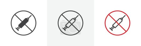 Ningún conjunto de iconos de signo de jeringa. Símbolo vectorial de inyección y vacuna en un estilo negro lleno y esbozado. Signo de prohibición de agujas medicinales.