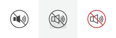 No sound sign icon set. Restriction on noise production vector symbol in a black filled and outlined style. Sound control and quiet zone enforcement sign.