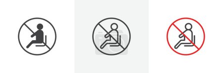 No sitting sign icon set. Ban on sitting in specific locations with no sit and prohibited vector symbol in a black filled and outlined style. Guidelines for restricted seating areas sign.