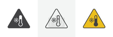 Illustration for High temperature warning sign icon set. Caution for areas exposed to high temperatures vector symbol in a black filled and outlined style. Heat hazard and burn prevention sign. - Royalty Free Image