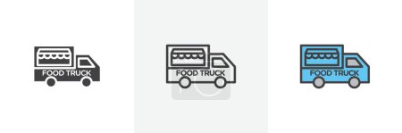 Food Truck Icon Set vorhanden. Food Truck Straßenvektorsymbol in einem schwarz gefüllten und umrissenen Stil. Mobiles Gaststättenschild.