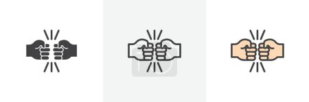 Fist Bump Icon Set. Strong Team Strength Hand Impact vector symbol in a black filled and outlined style. Brotherhood Tap Sign.