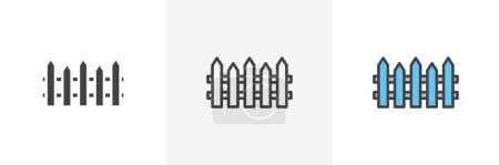 Téléchargez les illustrations : Ensemble d'icônes de clôture. Symbole vectoriel de jardin barrière de sécurité dans un style noir rempli et souligné. Boundary Line signe. - en licence libre de droit
