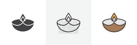 Diya icon set. Traditionelle Lampen feiern mit Diya-Vektor und Lichtsymbol in einem schwarz gefüllten und umrissenen Stil. Festlichkeit und Hoffnungsdarstellung mit Flamme und grafischem Illustrationsschild.