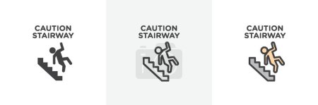 Ilustración de Precaución escalera signo icono conjunto. Aviso para la seguridad de la escalera con escaleras paso y símbolo de vector de precaución en un estilo negro lleno y esbozado. Aviso para el uso de barandillas y señales de riesgo de deslizamiento. - Imagen libre de derechos