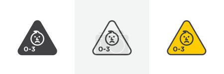 Age warning sign icon set. Caution for age-restricted activities with age warning and child vector symbol in a black filled and outlined style. Guidelines for suitable content and choking hazards sign.