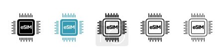 Set de iconos ESIM. smartphone digital virtual sim vector símbolo. E signo de simcard en negro relleno y estilo perfilado.