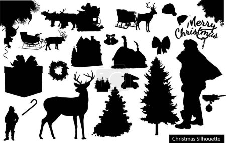 Illustration for Christmas Vector Icon Set,silhouette reindeer with Santa Claus,Set of winter and christmas silhouettes - Royalty Free Image