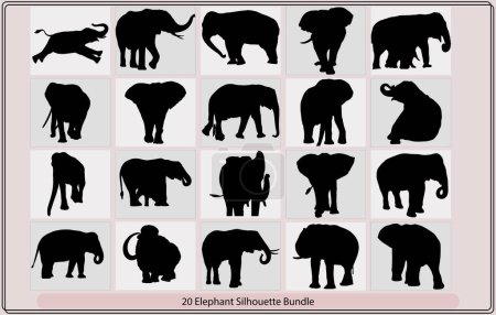 Téléchargez les illustrations : Silhouette of elephant with baby elephant,Elephant collection - vector silhouette,silhouette elephants in different poses - en licence libre de droit