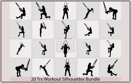 Illustration for Silhouettes of men and women doing TRX exercises,Man workout using resistance band flat vector illustration,suspension training system TRX, vector illustration - Royalty Free Image
