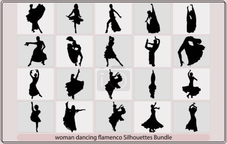 Illustration for Women dancing flamenco and salsa vector silhouettes set,Vector silhouette flamenco dancer,Silhouette flamenco. Women dancing flamenco. Vector illustration - Royalty Free Image