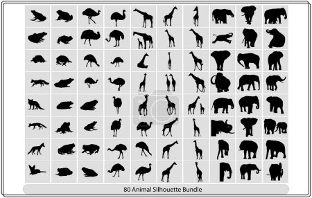Collection of animal silhouettes on a white background,African animals silhouettes set. Giraffe, elephant, antelope, hippopotamus, rhinoceros, camel, ostrich, crocodile, flamingo, cockatoo, baboon, gorilla, lion. Vector illustration. Poster 653917474