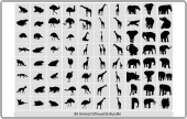 Collection of animal silhouettes on a white background,African animals silhouettes set. Giraffe, elephant, antelope, hippopotamus, rhinoceros, camel, ostrich, crocodile, flamingo, cockatoo, baboon, gorilla, lion. Vector illustration. Poster #653917474