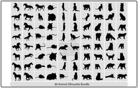 Collection of animal silhouettes on a white background,African animals silhouettes set. Giraffe, elephant, antelope, hippopotamus, rhinoceros, camel, ostrich, crocodile, flamingo, cockatoo, baboon, gorilla, lion. Vector illustration. Poster 653917508