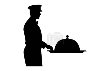 Waiter Serving Dish food Cover Dome silhouette. Sign hand of waiter with serving tray. Waiter serving.