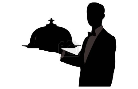 Serveur Serveur Plat Couverture alimentaire Dôme silhouette. Signe main de serveur avec plateau de service. Serveur servant.
