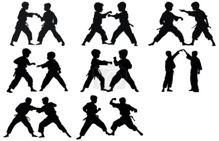 Illustration for Two young boys doing karate silhouette, Two karate young boys fighters in a match, - Royalty Free Image