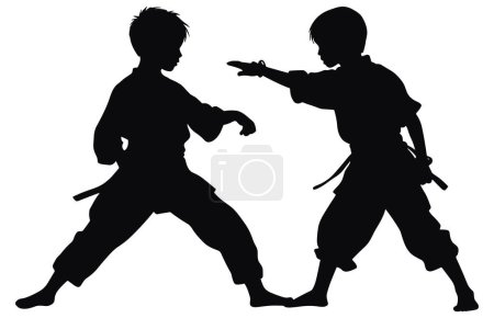 Illustration for Two young boys doing karate silhouette, Two karate young boys fighters in a match, - Royalty Free Image