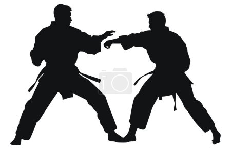 Illustration for Two men practicing karate silhouette, Two karate men fighters in a match, - Royalty Free Image