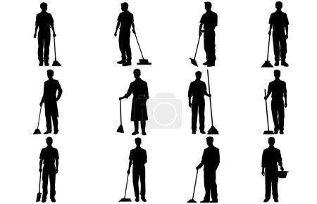 male House keeper silhouette, Man cleaning the floor,
